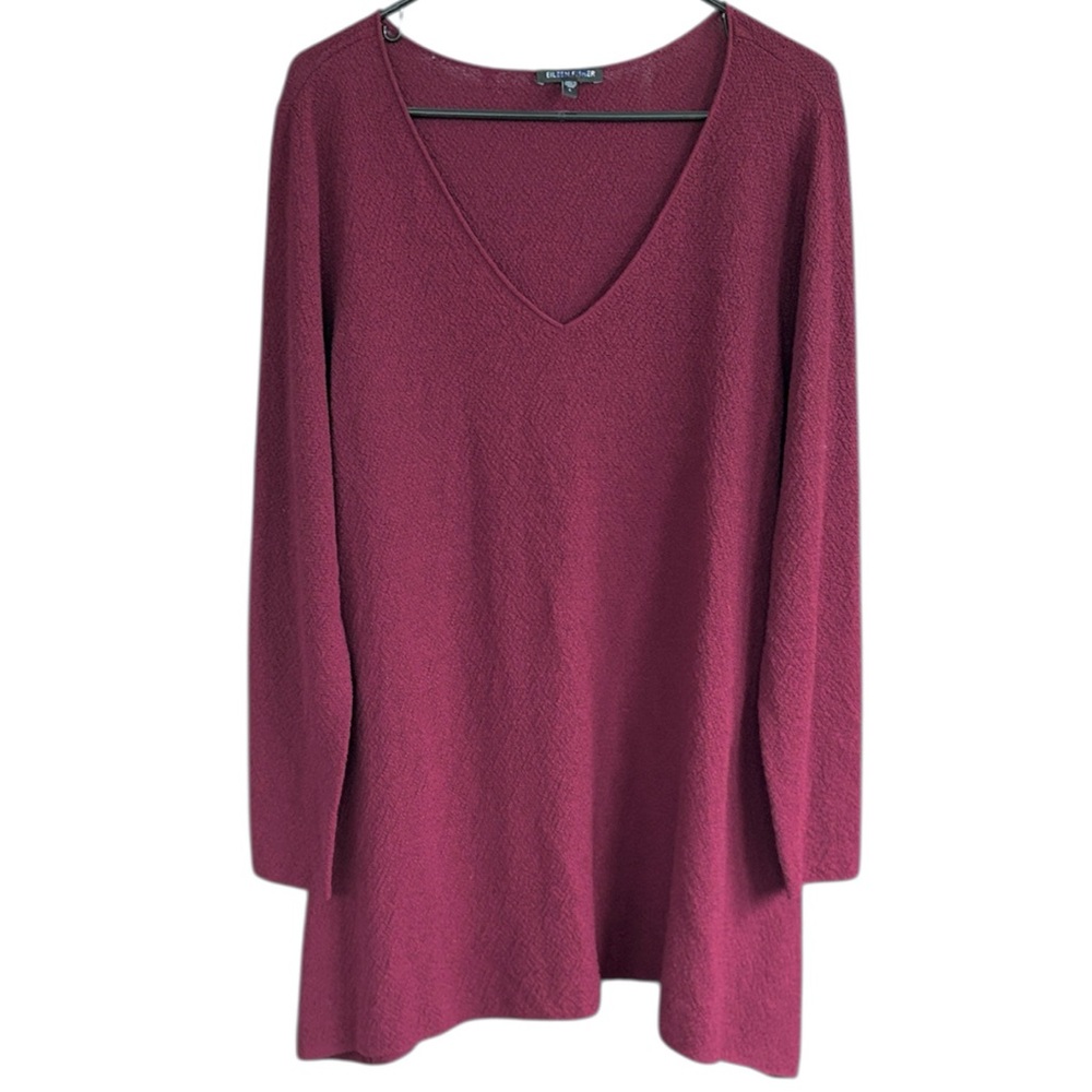 EUC Eileen Fisher Wool V Neck Tunic Sweater Burgundy Size Large